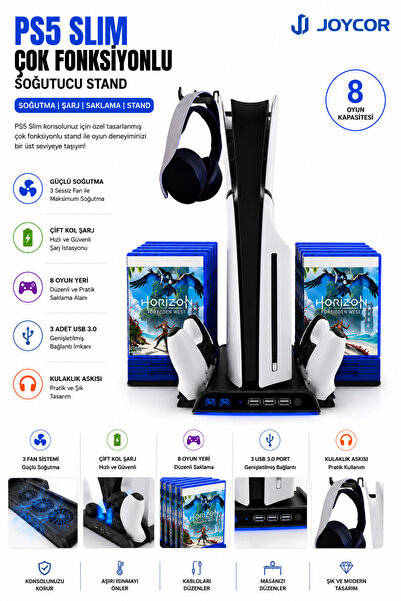 JOYCOR PS5 Slim Digital/Cdli Premium Çok Fonksiyonlu Soğutucu Stand | 3 Fan S...