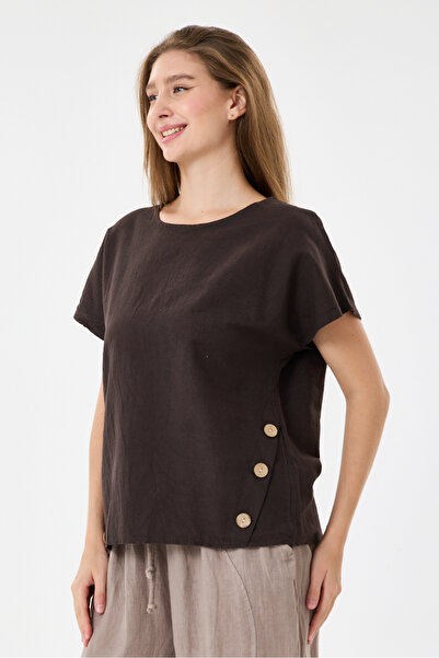 della moor Brown Italian 60% Linen Oversize Blouse with Button Accessories, S...