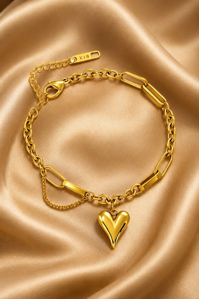 ROYALLINES 18K Gold Plated Stainless Steel Heart Charm Chain Bracelet for Women – Adjustable Mixed-Link Gold Bracelet