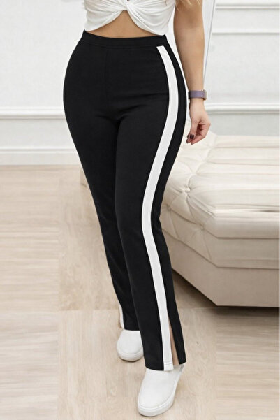 Efnaz style Women's High Waist Side Striped Detail Slit Viscose Two Thread Pants