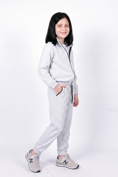 FYK KİDS Girl's High Collar Zippered Waist Tie Elastic Leg Sweatpants Set
