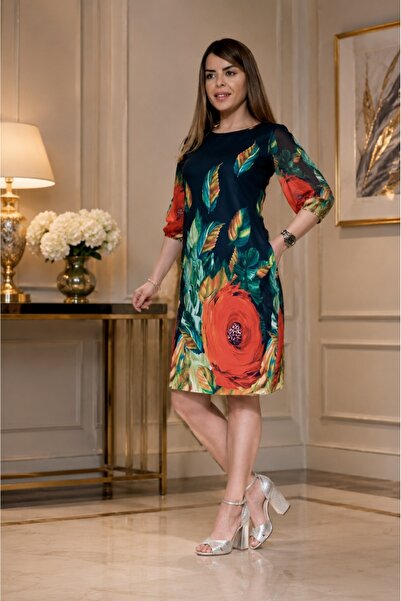 OEM Rochie rafinata Kala in nuanta de bleumarin cu flori