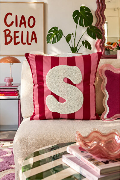 Pilloveland Punch Embroidered Throw Pillow Cover - 43*43 cm - Pink Letter S -...
