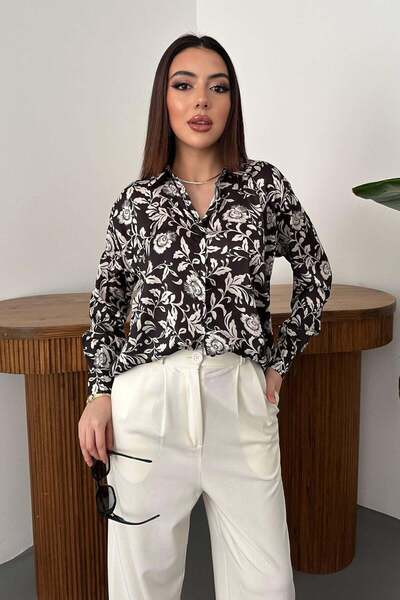 Moda Days قميص نسائي أسود مزين بنقشة الزهور بأكمام طويلة وأزرار وياقة كلاسيكي...