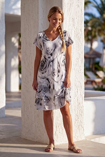 Chiccy Italian Gray-White V-Neck Low Sleeve Lined Skirt Ruffle Floral Printed...