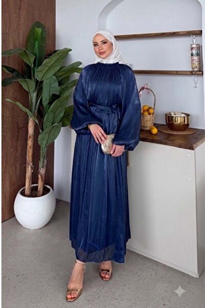 Şule Giyim Elfida Satin Set Evening Dress Navy Blue