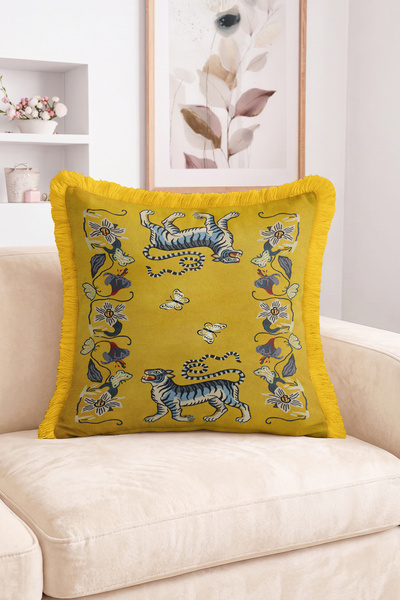 Realhomes Embroidered Look Fringed Throw Pillow Cover with Tiger and Floral M...