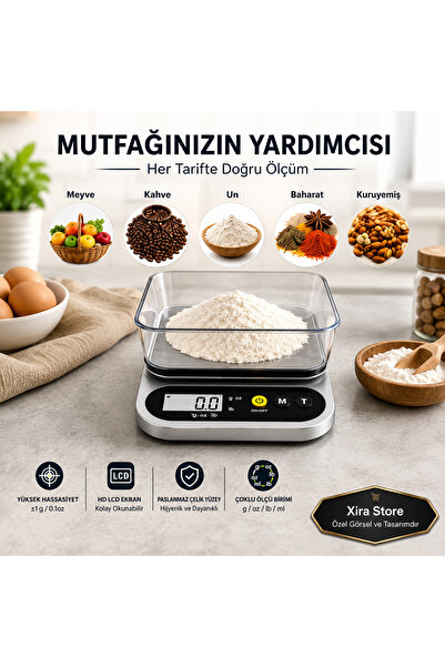 XİRA Dijital Mutfak Terazisi Hassas Elektronik Tartı 10Kg / 1Gr LCD Ekranlı Paslanmaz Çelik Yüzeyli