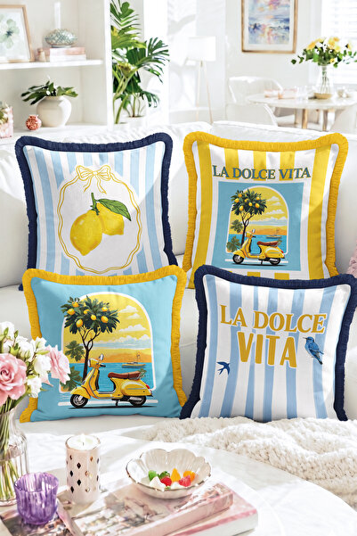 Realhomes La Dolce Vita Written Scooter and Lemon Patterned Striped 4-Piece F...