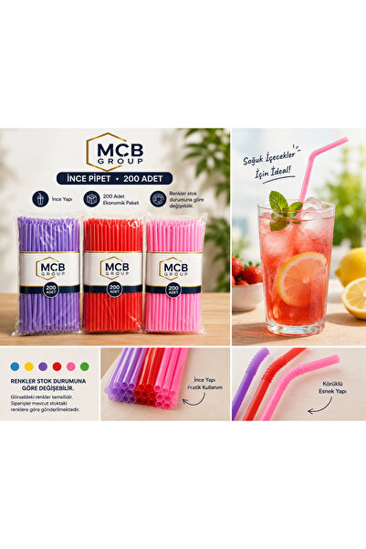 Mçb Group İnce Körüklü Pipet 200 Adet Renkli Plastik Pipet | Renkler Stok Durumuna Göre Değişebilir