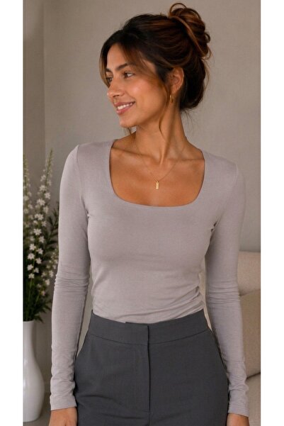 MELA ROSSA Women's Gray Square Collar Long Sleeve Lined Front Viscose Elastan...