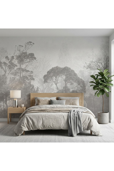 DecorDrive Sepya Tonlarında Sisli Orman Manzaralı Duvar Kağıdı