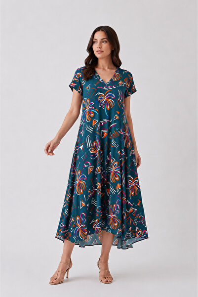 Sibel Günay Butik Picasso Patterned 120 cm Cotton Viscose V-Neck Cut Dress | ...
