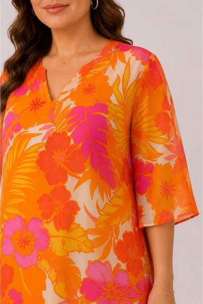 RMG Floral Print V-Neck Plus Size Casual Dress Orange