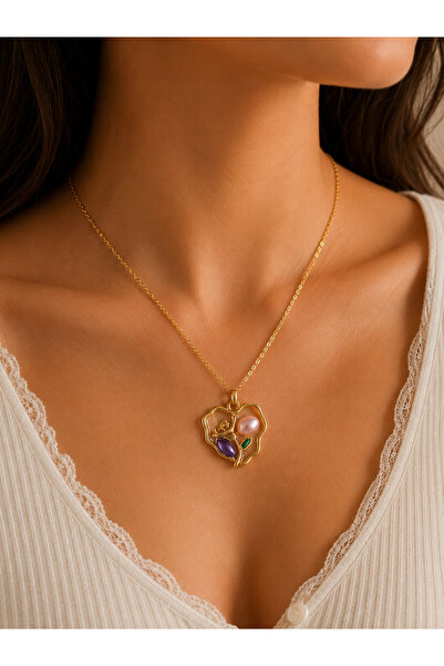 Bymiel Women's Gold Color Heart Flower Figured Pearl Detailed Necklace