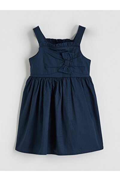 LC Waikiki Trendlucky Girl's Dress with Square Neck and Bow in Contrast Color