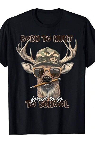 KYMC07 تي شيرت رجالي برسومات صيد مضحكة |   شعار "Born Hunt Forced Go To Schoo...