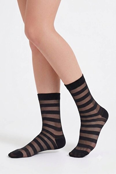 DÜVEN Women's Horizontal Striped Patterned Tulle Socks - Black Socket Length