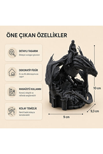Ejderha ve Kadın Savaşçı Figürlü Dekoratif Biblo – Siyah Fantastik Masaüstü Dekoru 10 cm