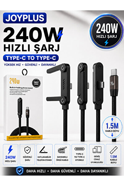 joyplus 1.5mt 240W Ultra Hızlı Type-C Şarj Data Kablosu Katlanabilir Standlı ...
