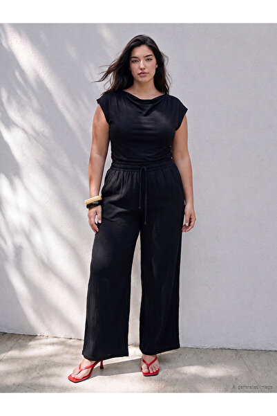LC Waikiki Black Elastic Waist Wide Leg Women's Trousers