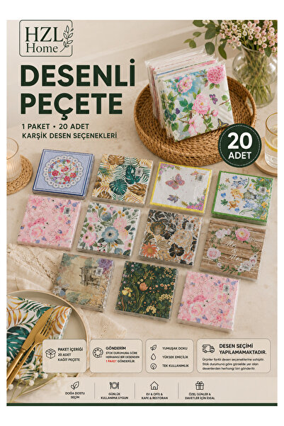 HZL HOME Desenli Kağıt Peçete 1 Paket 20 Adet - Karışık Şık Desen Seçenekli S...