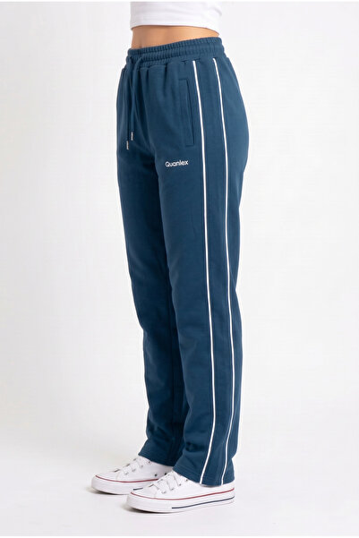 Quanlex Women's Blue Double Ribbed Straight Leg Sweatpants High Waist Comfort...