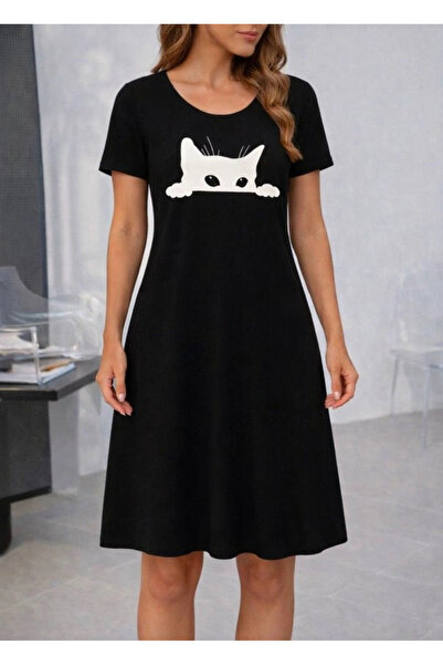 Beruflic Women's short sleeve crew neck cat print viscose mini dress