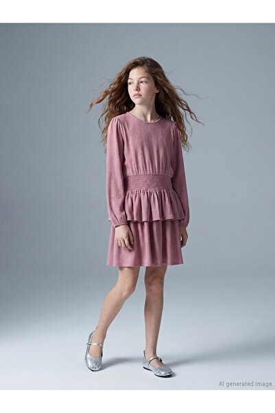 LC Waikiki Trendlucky Girl's Dress with Oval Collar, Ruffles and Stone Detail