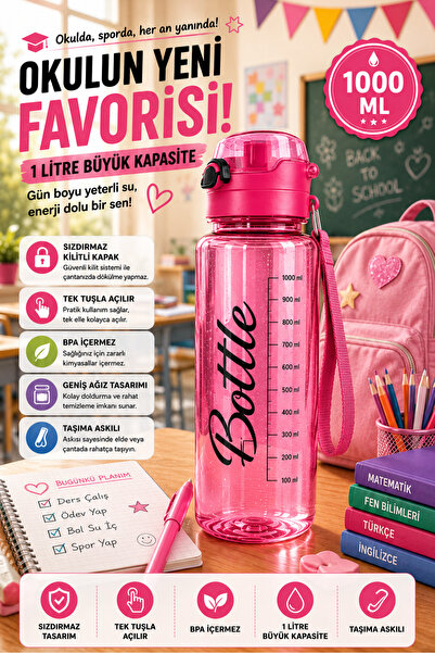 OpenCity Pembe 1 Litre Suluk Matara Sızdırmaz Kilitli Kapaklı BPA İçermez Oku...