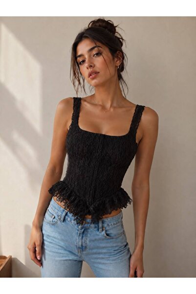 Paraf style Kadın Dantel Askılı Crop Bluz