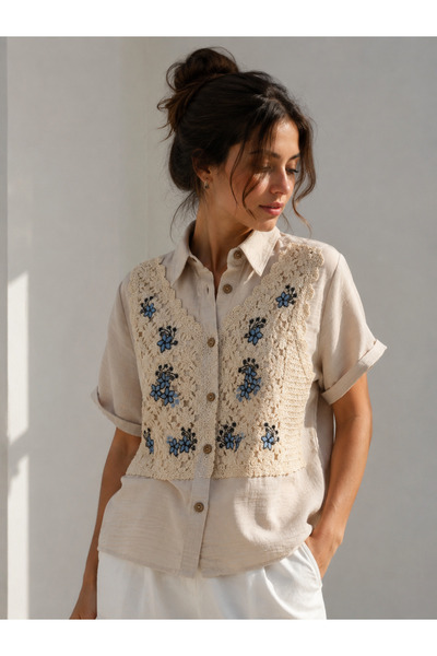 VERYMODA Stone Blue Half Sleeve Lace Detailed Shirt |   Vmd2461