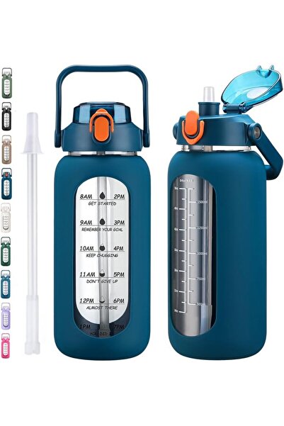 GENERAL 64oz Glass Water Bottles with Straw, Half Gallon Motivational Glass B...