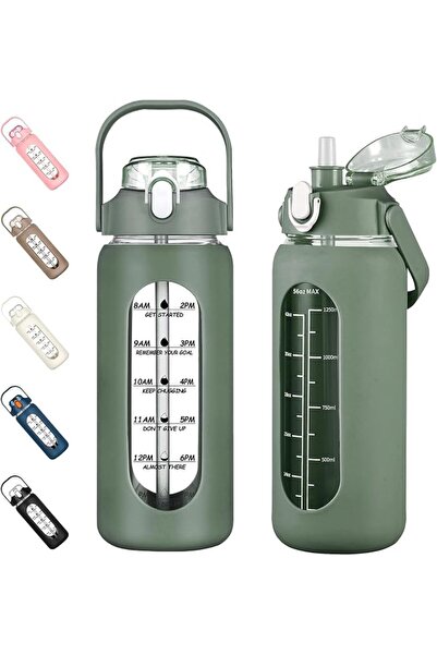 GENERAL 1.6L Glass Water Bottles with Straw, Motivational Glass Bottle with S...