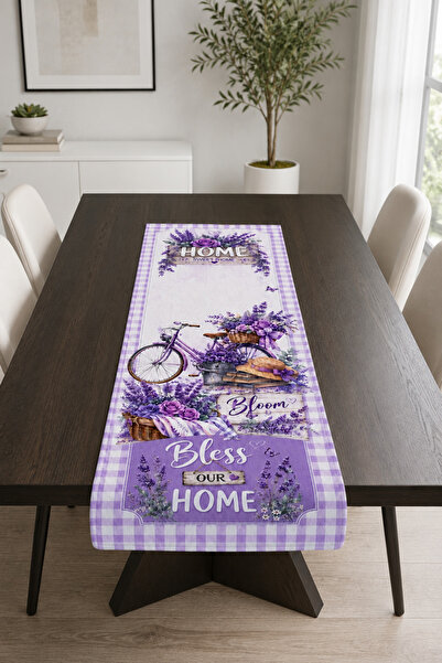 Bebişim Halı Purple Runner Tablecloth with Lavender Flowers and Bicycle and H...