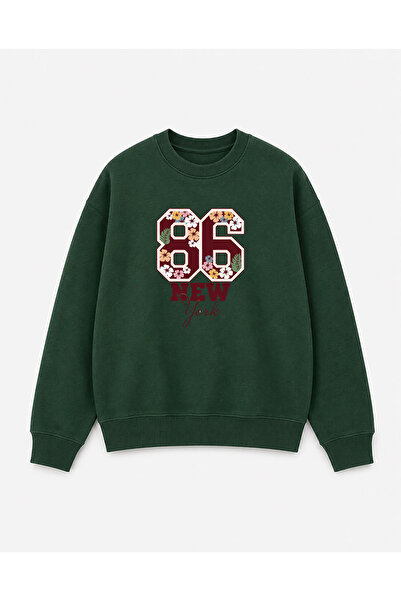 herkesemoda Numbers and Flowers Print Detailed Crew Neck 2-Thread Sweatshirt