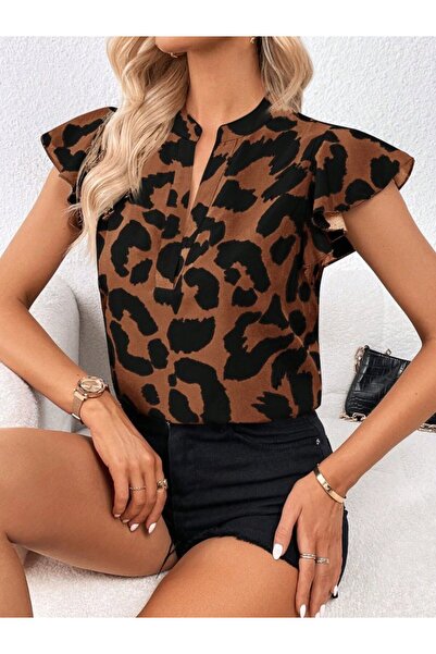 Gökyüzü Moda Women's Short Ruffle Sleeve V-Neck Leopard Print Single Jersey B...