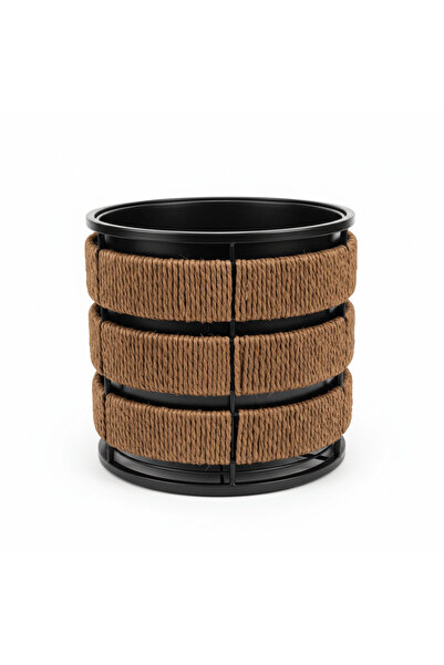 AMIN Brown & Black Round Planter Pot with Seagrass Weave & Black Metal Frame ...