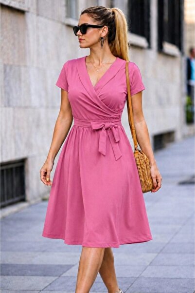 Simala Women's Short Sleeve Collared Waist Belted Short Janjan Crepe Short Dress