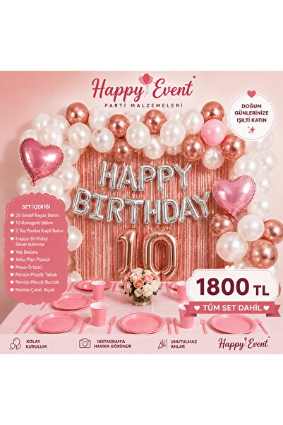 Happyewent Happy Event Rose Gold & Beyaz Doğum Günü Parti Seti | Arka Fon, Ha...
