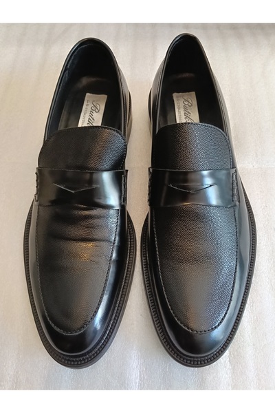 Butik Tülin حذاء لوفر رجالي من جلد البقر الأصلي باللون الأسود مع شريط مطبوع ص...