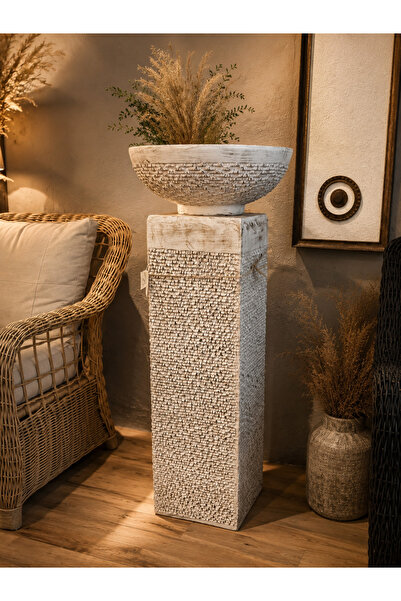 MuratogluHome Eskitme Beyaz Polyresin Dekoratif Sütun Saksı İç Ve Dış Mekan Büyük Boy Saksılık (117x48 cm)