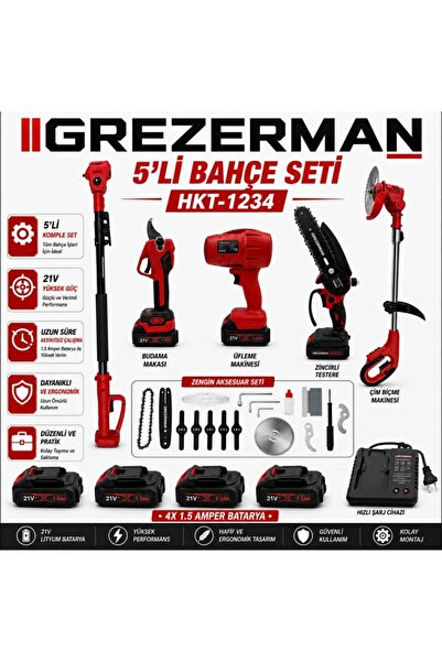 GREZERMAN HKT-1234 5’li Şarjlı Bahçe Seti 21V Budama Makası Mini Zincirli Tes...