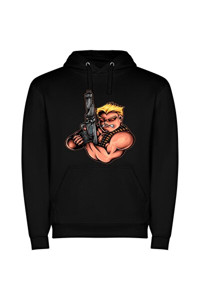 iLovePrints Gun-Wielding Heroic Cartoon: Haris Φούτερ με κουκούλα σε χρώμα Μαύρο