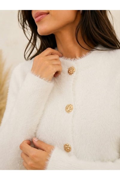 ZEYN STORE Women's Polo Collar Soft Textured Knitwear Cardigan with Gold Buttons Soft Textured Long Sleeve Stylish Casual Cardigan