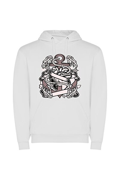 iLovePrints Anchored Elegance: Tattoo Vector Φούτερ με κουκούλα σε χρώμα Λευκό