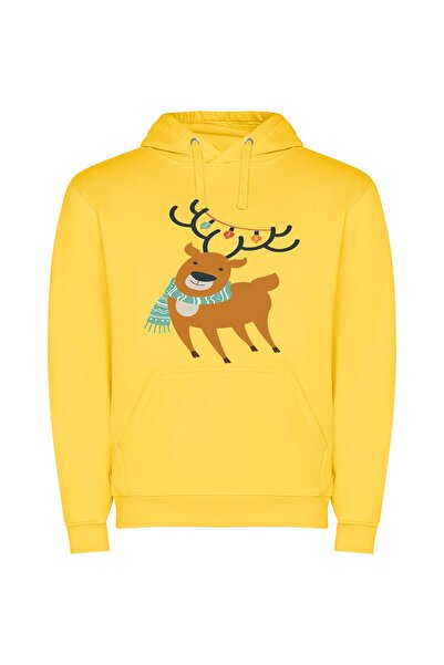 iLovePrints Fashionable Festive Deer Φούτερ με κουκούλα σε χρώμα Κίτρινο