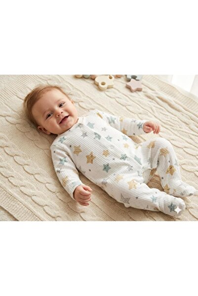 Süpermini %100 Pamuk Yıldız Desenli Unisex Bebek Patikli Tulum