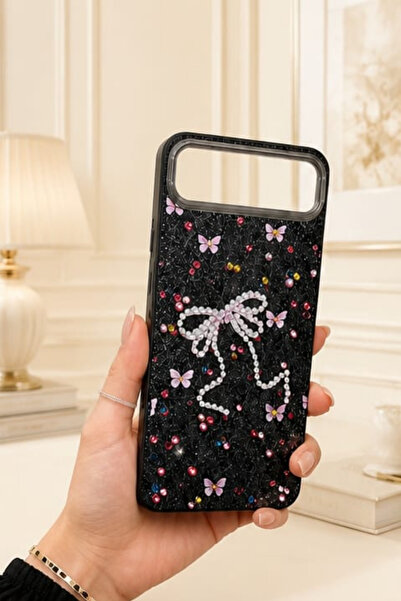 CaseTechnoo İnfinix Hot60i İle Uyumlu Taşlı Kurdele Kelebek Desenli Parlak Si...
