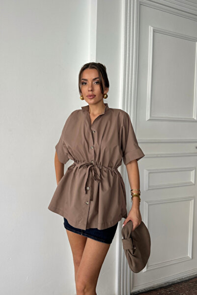 MODA ŞEHRİ Poplin shirt with waist detail - brown